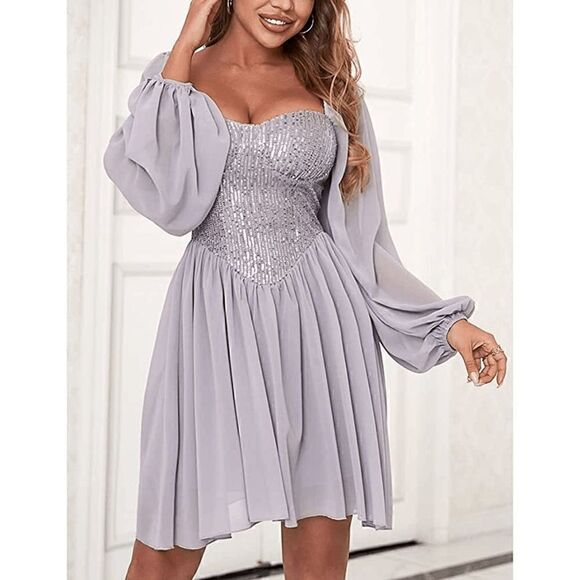Long Lantern Sleeve Sequin Cocktail Party Bridesmaid Swing Dress SIZE M NEW - Picture 3 of 13